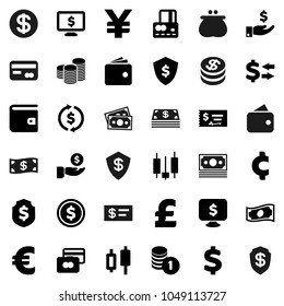 Flat vector icon set - exchange vector, dollar coin, japanese candle, credit card, wallet, cash, investment, stack, check, shield, monitor, euro sign, pound, yen, cent, money
