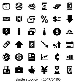 Flat vector icon set - exchange vector, dollar coin, graph, gold ingot, credit card, crisis, percent growth, piggy bank, case, annual report, sand clock, arrow down, up, medal, flag, tie, calendar