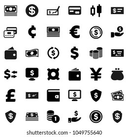 Flat vector icon set - exchange vector, dollar coin, japanese candle, wallet, cash, investment, stack, check, shield, monitor, any currency, euro sign, pound, yen, cent, money, credit card