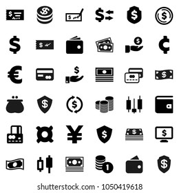 Flat vector icon set - exchange vector, dollar coin, japanese candle, credit card, wallet, cash, investment, stack, check, shield, monitor, any currency, euro sign, yen, cent, money