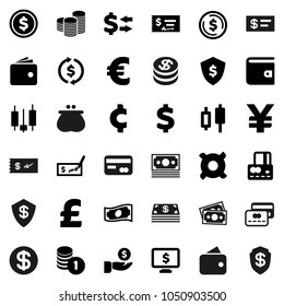 Flat vector icon set - exchange vector, dollar coin, japanese candle, credit card, wallet, cash, investment, stack, check, shield, monitor, any currency, euro sign, pound, yen, cent, money