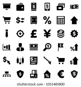 Flat vector icon set - exchange vector, graph, cart, japanese candle, credit card, wallet, cash, crisis, percent growth, manager, dollar, calculator, money search, target, arrow up, medal, flag, tie