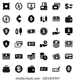 Flat vector icon set - exchange vector, dollar coin, japanese candle, credit card, wallet, cash, investment, stack, check, shield, monitor, any currency, cent sign, money