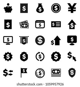 Flat vector icon set - exchange vector, dollar coin, money bag, piggy bank, growth, receipt, medal, flag, shield, calendar, monitor, cursor, yen sign