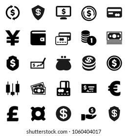 Flat vector icon set - exchange vector, dollar coin, japanese candle, credit card, wallet, investment, stack, check, shield, monitor, any currency, euro sign, pound, yen, money