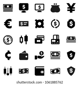 Flat vector icon set - exchange vector, dollar coin, japanese candle, credit card, wallet, cash, investment, shield, monitor, any currency, euro sign, yen, cent, money, check