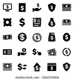 Flat vector icon set - exchange vector, dollar coin, cash, money bag, investment, growth, receipt, shield, calendar, monitor, cursor, any currency, sign