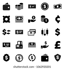 Flat vector icon set - exchange vector, dollar coin, japanese candle, credit card, wallet, cash, investment, stack, check, shield, any currency, pound, cent sign, money