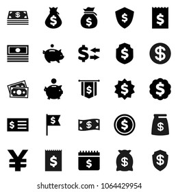 Flat vector icon set - exchange vector, dollar coin, cash, money bag, piggy bank, receipt, medal, flag, shield, calendar, yen sign