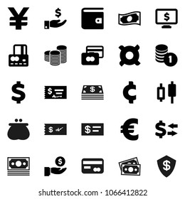 Flat vector icon set - exchange vector, japanese candle, credit card, wallet, cash, investment, coin stack, check, monitor dollar, any currency, euro sign, yen, cent, money, shield