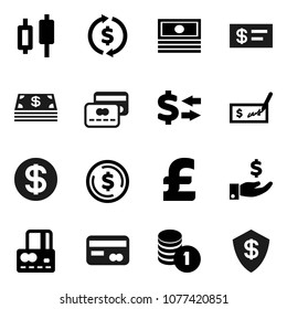 Flat vector icon set - exchange vector, dollar coin, japanese candle, credit card, cash, investment, stack, check, pound, shield