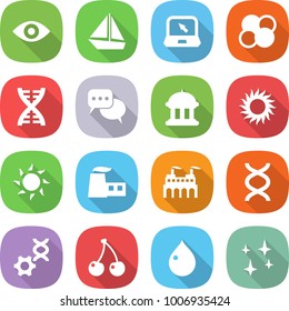 flat vector icon set - eye vector, boat, notebook, atom core, dna, discussion, goverment house, sun, factory, edit, cherry, drop, shining