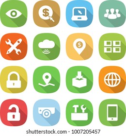 flat vector icon set - eye vector, dollar arrow, notebook, group, pencil wrench, cloud wireless, pin, panel house, lock, geo, package, globe, unlocked, surveillance camera, repair tools, phone