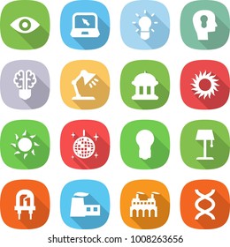 flat vector icon set - eye vector, notebook, bulb, head, brain, table lamp, goverment house, sun, disco ball, floor, led, factory, dna