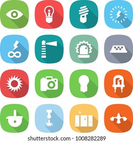 flat vector icon set - eye vector, bulb, lightning, infinity power, lighthouse, alarm, taxi, sun, camera, led, ladle, laser, clean window, hard reach place cleaning