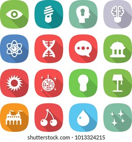 flat vector icon set - eye vector, bulb, head, brain, atom, dna, balloon, goverment house, sun, disco ball, floor lamp, factory, cherry, drop, shining