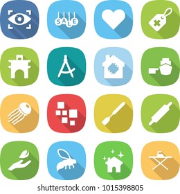 flat vector icon set - eye identity vector, sale, heart, medical label, arch, draw compass, smart house, port, jellyfish, blocks, spatula, rolling pin, hand leaf, wasp, cleaning, iron board