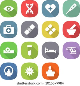 flat vector icon set - eye vector, dna, heart cross, medical thermometer, doctor case, patch, pill, mortar, head reflector, test vial, hospital bed, ambulance helicopter, tomography, virus