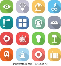 flat vector icon set - eye vector, bulb brain, table lamp, infinity power, lighthouse, window, alarm, taxi, sun, disco ball, floor, led, siren, clean