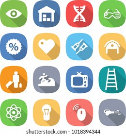 flat vector icon set - eye vector, warehouse, dna, smart glasses, percent, heart, crutch, barn, passenger, surfer, tv, ladder, atom, bulb, wireless mouse, blower