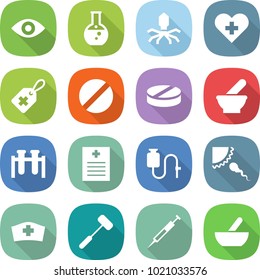 flat vector icon set - eye vector, round flask, virus, heart cross, medical label, pill, mortar, test vial, recipe, dropper, sperm, hat, doctors hammer, syringe