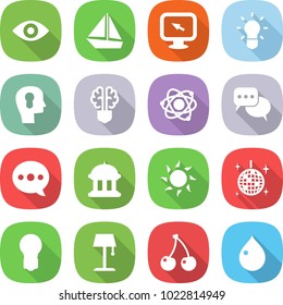 flat vector icon set - eye vector, boat, monitor arrow, bulb, head, brain, atom, discussion, balloon, goverment house, sun, disco ball, floor lamp, cherry, drop