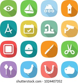 flat vector icon set - eye vector, boat, lunar rover, tower, draw compass, terms, water tap, surveillance camera, cutting board, egg timer, knife, scissors, trees, chicken, horseshoe, tomato