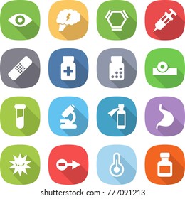 flat vector icon set - eye vector, brain, hex molecule, syringe, medical patch, pills bottle, head reflector, test vial, microscope, potion, stomach, virus, electron, thermometer