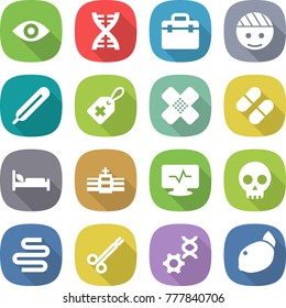 flat vector icon set - eye vector, dna, doctor bag, bandaged head, medical thermometer, label, patch, pill, hospital bed, monitor pulse, skull, intestines, surgical clamp, edit, lemon