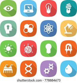 flat vector icon set - eye vector, notebook, bulb, head, atom core, table lamp, sun, disco ball, led, factory, dna, edit, drop