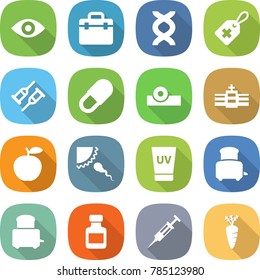 flat vector icon set - eye vector, doctor bag, dna, medical label, crutch, pill, head reflector, hospital, apple, sperm, uv cream, toaster, pills bottle, syringe, carrot