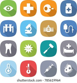 flat vector icon set - eye vector, medical cross, artificial insemination, pills bottle, test vial, microscope, hospital, dropper, tooth, virus, doctors hammer, thermometer, syringe, microb