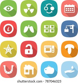 flat vector icon set - eye vector, nuclear, quantum bond, calendar, info, lungs, panel house, loading, starfish, unlocked, grill oven, mushroom, horseshoe, tomato, hand and drop