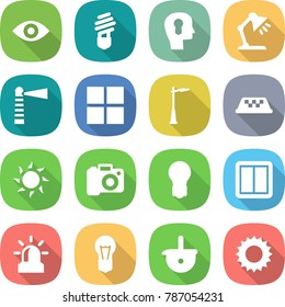 flat vector icon set - eye vector, bulb, head, table lamp, lighthouse, window, outdoor light, taxi, sun, camera, power switch, alarm, ladle
