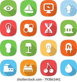 flat vector icon set - eye vector, boat, monitor arrow, bulb, atom core, dna, goverment house, floor lamp, led, factory, cherry, drop