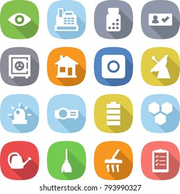 flat vector icon set - eye vector, cashbox, pills bottle, check in, safe, home, ring button, satellite antenna, siren, projector, battery, honeycombs, watering can, broom, vacuum cleaner