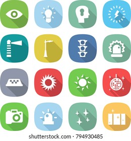 flat vector icon set - eye vector, bulb, head, lightning, lighthouse, outdoor light, traffic, alarm, taxi, sun, disco ball, camera, siren, shining, clean window