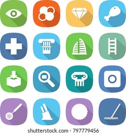 flat vector icon set - eye vector, atom core, diamond, chicken leg, cross, column, skyscraper, ladder, package, cargo search, antique, ring button, skimmer, knife holder, cookies, rake