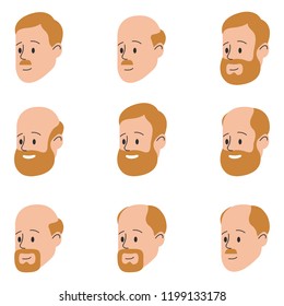 Flat Vector Icon Set. Faces of men. A man with a beard, a bald man, a man with a mustache