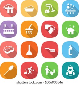 flat vector icon set - factory filter vector, washing, vacuum cleaner, skysrcapers cleaning, wiping, house, sponge with foam, plunger, brush, toilet cleanser, duster