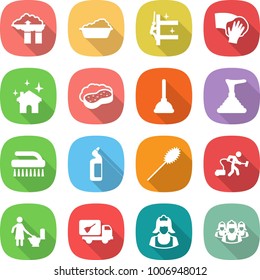 flat vector icon set - factory filter vector, washing, skyscrapers cleaning, wiping, house, sponge with foam, plunger, brush, toilet cleanser, duster, vacuum cleaner, home call, outsource