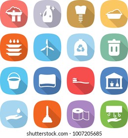 flat vector icon set - factory filter vector, cleanser, tooth implant, washing, plate, windmill, garbage bag, trash bin, bucket, sponge, brush, utility room, hand and drop, plunger, toilet paper