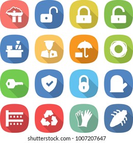 flat vector icon set - factory filter vector, unlock, lock, customs control, security man, insurance, lifebuoy, key, shield, cook glove, watering, recycling, gloves, bug