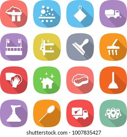 flat vector icon set - factory filter vector, rag, sweeper, skysrcapers cleaning, skyscrapers, scraper, vacuum cleaner, wiping, house, sponge with foam, plunger, duster, home call, outsource