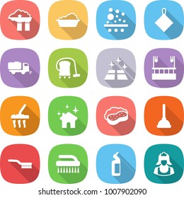flat vector icon set - factory filter vector, washing, rag, sweeper, vacuum cleaner, clean floor, skysrcapers cleaning, house, sponge with foam, plunger, brush, toilet cleanser