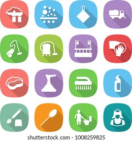 flat vector icon set - factory filter vector, rag, sweeper, vacuum cleaner, skysrcapers cleaning, wiping, sponge with foam, plunger, brush, toilet cleanser, duster