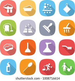 flat vector icon set - factory filter vector, washing, rag, vacuum cleaner, clean floor, scraper, sponge with foam, plunger, brush, toilet cleanser, duster, cleaning