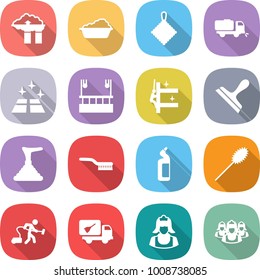 flat vector icon set - factory filter vector, washing, rag, sweeper, clean floor, skysrcapers cleaning, skyscrapers, scraper, plunger, brush, toilet cleanser, duster, vacuum cleaner, home call