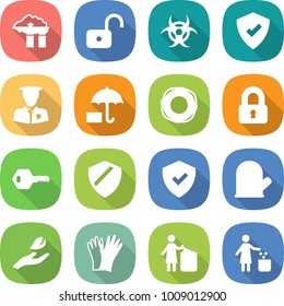 flat vector icon set - factory filter vector, unlock, biohazard, protected, security man, insurance, lifebuoy, locked, key, shield, cook glove, hand leaf, gloves, garbage bin