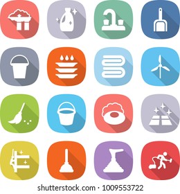 flat vector icon set - factory filter vector, cleanser, water tap, scoop, bucket, plate washing, towel, windmill, broom, soap, clean floor, skyscrapers cleaning, plunger, vacuum cleaner